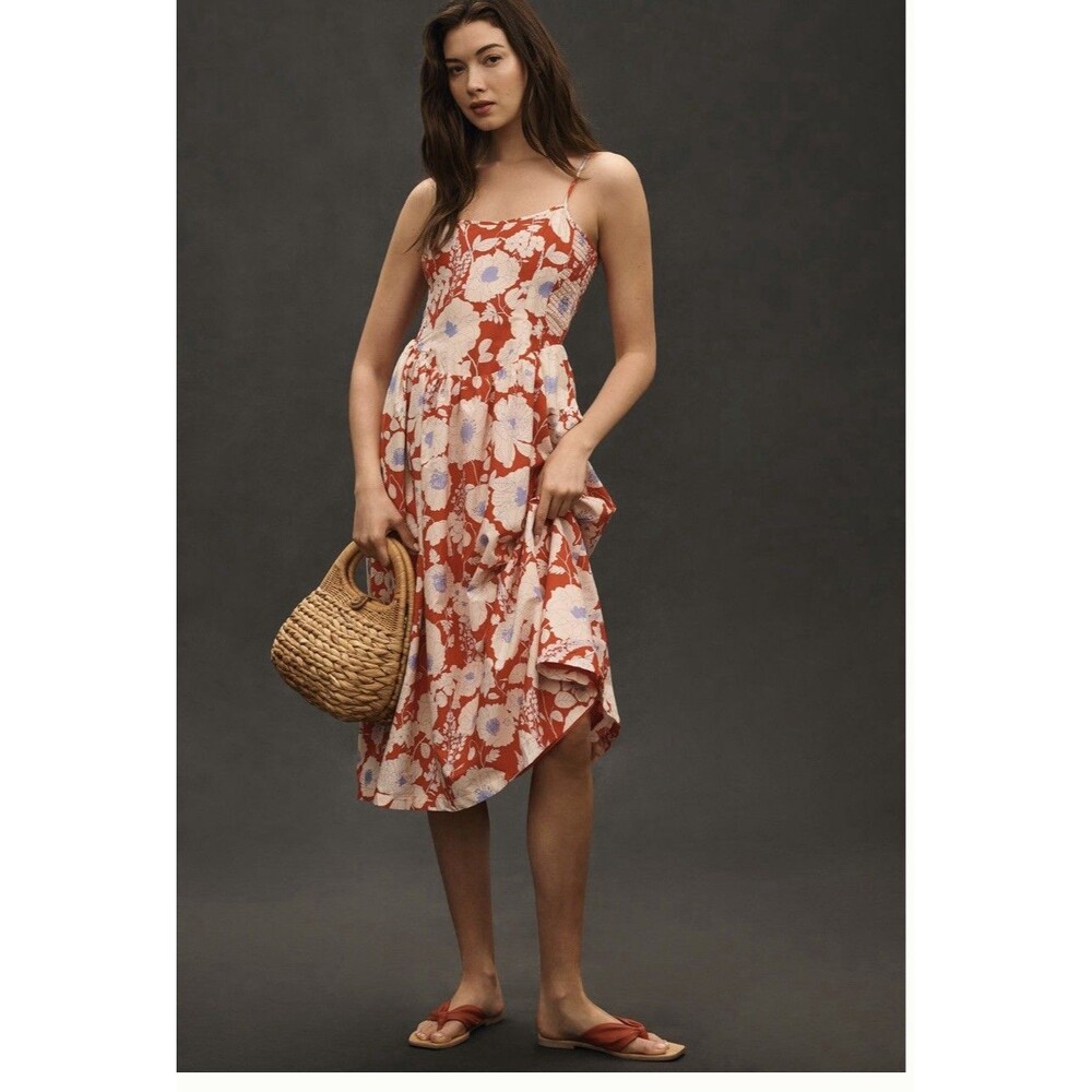 Anthropologie Sleeveless Square Neck Drop- Waist Midi Dress Sz S Red